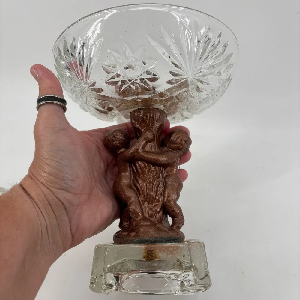 Candy Dish Medium Clear Bronze Cherub Putti Crystal‎ Glass Mythological Regency